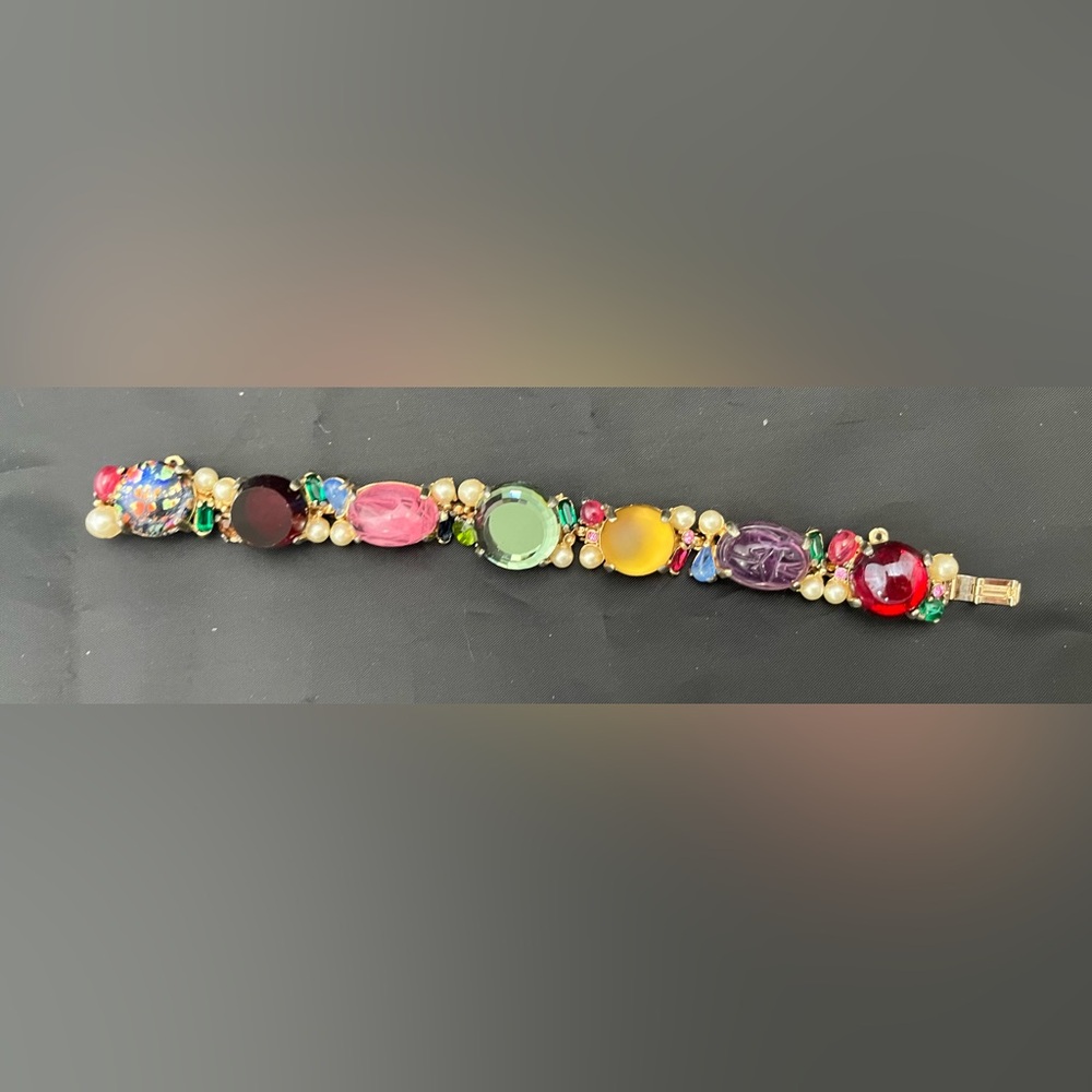 Vtg Hollycraft Bracelet Fruit Salad Cabachon Rhinestone 1955 Faux Pearl